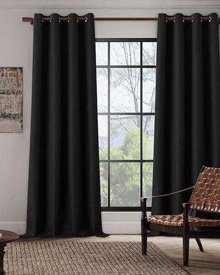 Black Full Blackout Curtains 84 Inch Length for Bedroom Living Room, Flax Linen 100% Shading Thermal Insulated Lightweight Grommet Window Drapes, Black, W37 x L84, 2 Panels