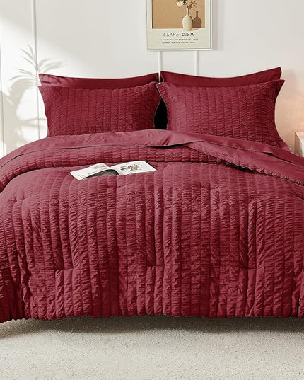 HYMOKEGE Burgundy Twin Comforter Set Seersucker 5 Pieces, All Season Luxury Bed in a Bag for Bedroom, Bedding Set with Comforters, Sheets, Pillowcase & Sham