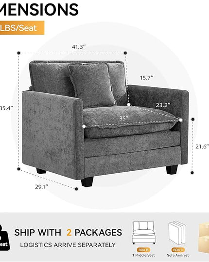 41'' Modern Chenille Oversized Chair, Upholstered Accent Living Room Chair with Extra Thicked Deep Seat, Single Lounge Chair for Bedroom, Small Apartment, Grey