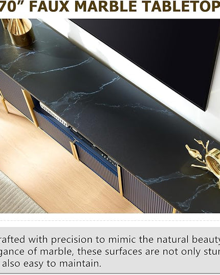 OKD Luxury 70" Fluted TV Stand, Modern Chic Entertainment Center for TVs Up to 80 inches, TV Console with Faux Marble Top, Curved Profile Design, Media Console for Living Room, Navy Blue