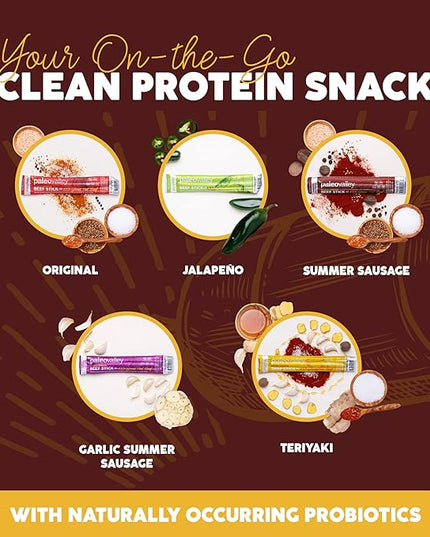 Paleovalley 100% Grass Fed Summer Sausage Beef Sticks - Delicious Gluten Free Beef Snack - High Protein Keto Friendly