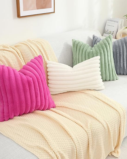 decorUhome Faux Fur Spring Throw Pillow Covers 12x20 Set of 2, Decorative Soft Plush Striped Lumbar Neutral Couch Euro Pillow Covers with Velvet Back for Sofa, Bed, Living Room Home Decor, Hot Pink