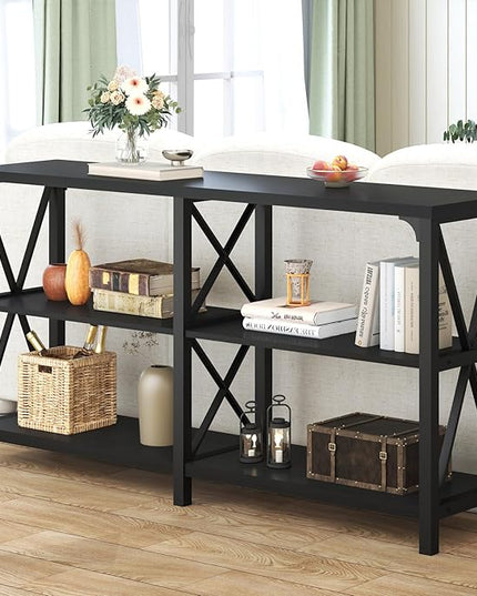 LVB Black Console Table, Modern Entryway Table with 3 Tier Storage Shelves, Industrial Sofa Table Behind Couch for Living Room, Farmhouse Wood Metal Entry Table for Hallway Foyer, Black Oak, 55 Inch