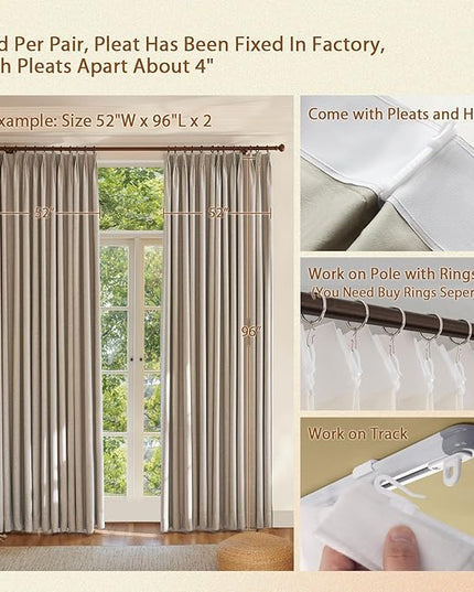 Textured Linen Double Pleated 100% Blackout Curtains for Bedroom/Living Room Blackout Curtains 96 Inches Long, Energy Saving Window Treatment Curtains,120Wx96Lx2, Rust Brown