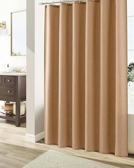 Naturoom Camel Linen Shower Curtain, Country Boho Farmhouse Bath Decor Shower Curtains Neutral Cloth Weighted Textured Fabric Bath Curtain Liner with Hooks, 72x96