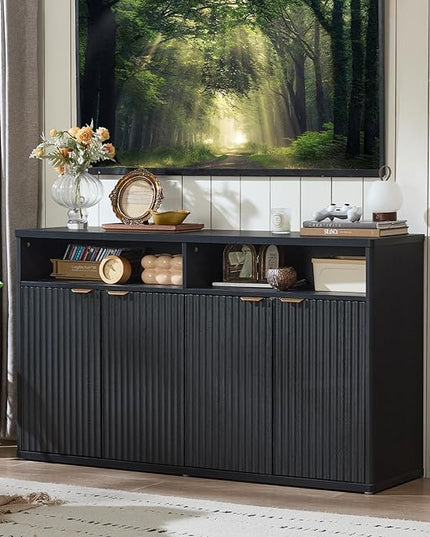 LEYAOYAO Fluted Buffet Cabinet with Storage, 55" Wide Wood Sideboard Credenza with 4 Doors & Open Storage Shelf, Modern Kitchen Console Accent Cabinets, Coffee Bar Table for Dining Room, Black Oak