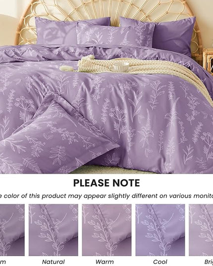 MUXHOMO Grayish Purple Bed in a Bag Queen 7 Pieces, Queen Comforter Set Reversible Botanical Flowers Design, Ultra Soft & Breathable Bedding Sets with Comforter, Sheets, Pillowcases & Shams