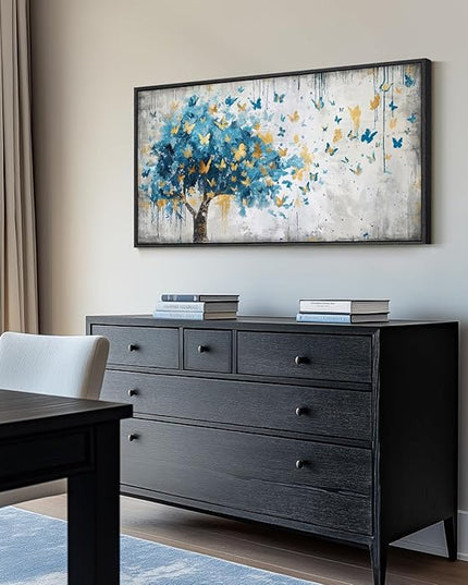 Framed Large Tree Wall Art, Blue and Gold Abstract Tree of Life Canvas Painting Print Artwork for Walls, Modern Golden Butterfly Picture for Living Room Bedroom Dining Room Hallway Wall Decor, 20x40