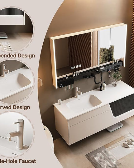 48IN Suspended Bathroom Vanity - Modern Bathroom Vanity with Sink with LED Defogging Mirror & Multifunctional Storage Rack & Large Storage Space & Time Display Function