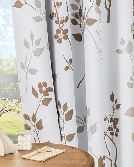 Beauoop Floral 100% Blackout Curtains 96 Inches Long 2 Panels for Bedroom Living Room Tan Brown and White Flower Patterned Room Darkening Thermal Soundproof Rod Pocket Back Tab Window Drapes, 52X96