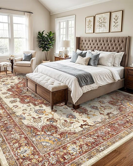 Washable Oriental Area Rug - 10x14 Rugs for Living Room Soft Carpet for Bedroom Waterproof Floral Distressed Indoor Stain Resistant Non-Shedding Floor Carpets (Red, 10X14)