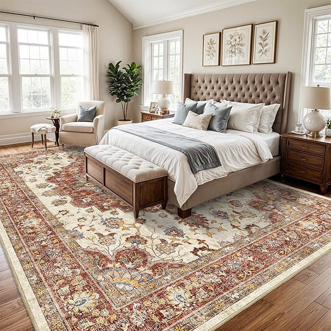 Washable Oriental Area Rug - 10x14 Rugs for Living Room Soft Carpet for Bedroom Waterproof Floral Distressed Indoor Stain Resistant Non-Shedding Floor Carpets (Red, 10X14)