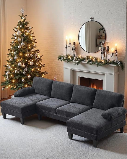 VINGLI 110" Sectional Couches for Living Room,U Shaped Couch with Double Chaise, 4-Seat Sofa Set with Chenille Fabric for Home Furniture,Black