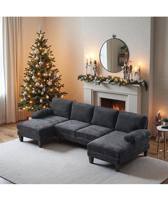 VINGLI 110" Sectional Couches for Living Room,U Shaped Couch with Double Chaise, 4-Seat Sofa Set with Chenille Fabric for Home Furniture,Black