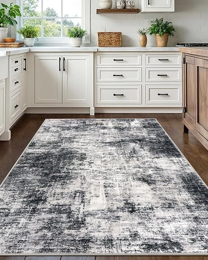 IOHOUZE Modern Abstract Area Rugs 5x7 Ft Washable Rugs for Living Room, Non Slip Dining Room Rug, Printed Faux Wool Rugs for Bedroom, Floor Carpet for Office Nursery Playroom, Black Grey