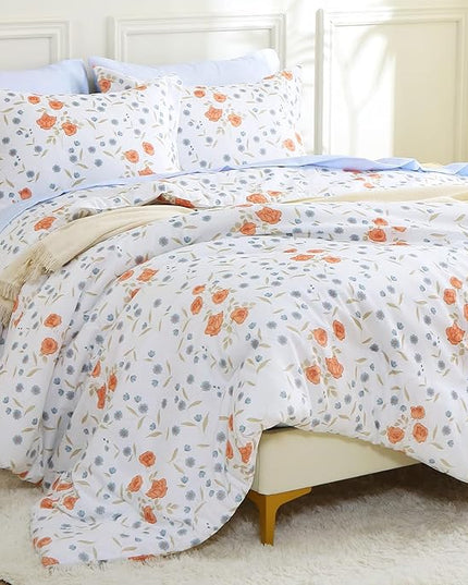 MUXHOMO Orange Blossom Bed in a Bag Queen 7 Pieces, Queen Comforter Set Reversible Botanical Flowers Design, Ultra Soft & Breathable Bedding Sets with Comforter, Sheets, Pillowcases & Shams