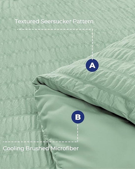 HYMOKEGE Sage Green Twin Comforter Set Seersucker 5 Pieces, All Season Luxury Bed in a Bag for Bedroom, Bedding Set with Comforters, Sheets, Pillowcase & Sham