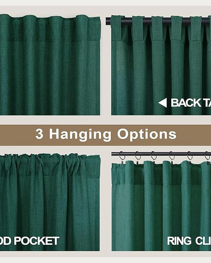 Dark Green Curtains 108 Inches Long for Living Room 2 Panels Back Tab Pocket Semi Sheer Linen Deep Hunter Forest Curtains for Patio Door Aesthetic Academia Decor Christmas Background Cortinas Verdes