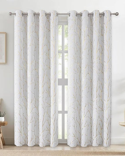 BUHUA Blackout Curtains 72 Inches Length, Thermal Curtain for Bedroom 2 Panels Set, Room Darkening Curtains with Gold Shinny Branches Tree Patern, 52W×72L Greyish White