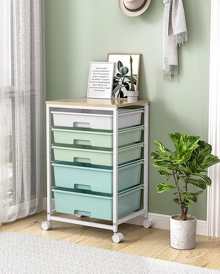 Craft cart,Rolling Cart with Drawers,Storage Cart with 5 Drawers and Wooden Tabletop for Under Desk Organizers and Storage,Green