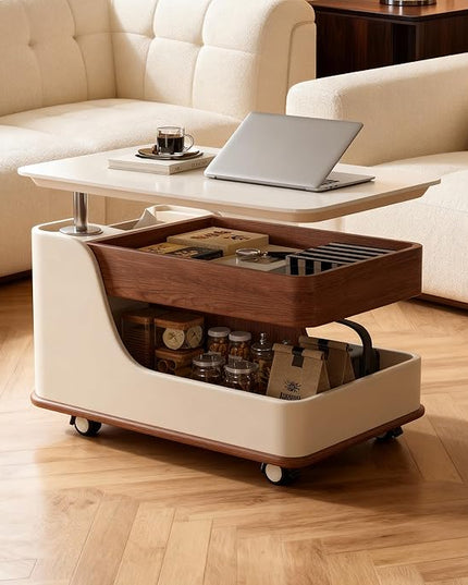 Lift Top Coffee Table with Storage, Small Rolling Side Table/NightStand Table for Living Room Kitchen Bedroom Small Apartment (White + Walnut)