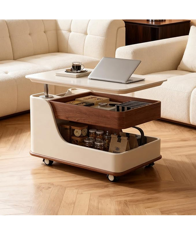 Lift Top Coffee Table with Storage, Small Rolling Side Table/NightStand Table for Living Room Kitchen Bedroom Small Apartment (White + Walnut)
