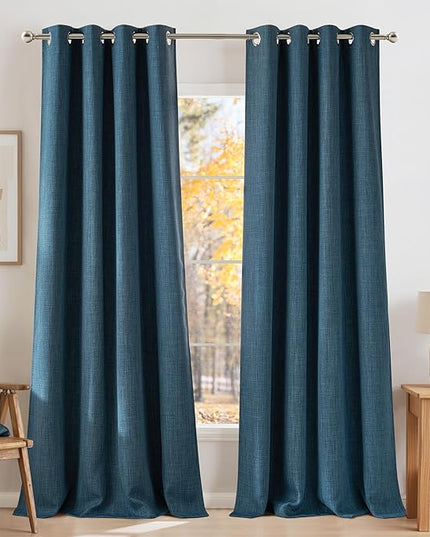 NICETOWN Faux Linen Stone Blue Blackout Curtains 84 inches Long for Living Room - Privacy Panels for Bedroom, Modern Farmhouse Style Easy Care Grommet Top, 2 Panels, W52 by L84