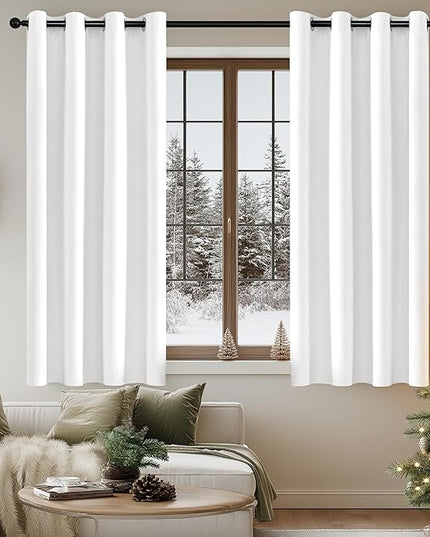 ChrisDowa 100% Blackout Pure White Solid Curtains 63 Inches Long 2 Panels for Bedroom Living Room,Farmhouse Room Darkening Thermal Insulated Soundproof Grommet Top Window Treatment Drapes,52x63
