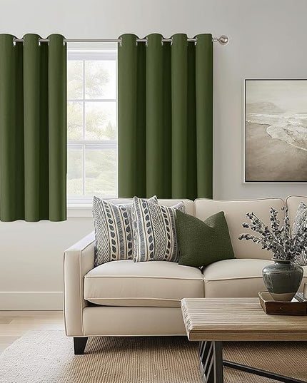 ChrisDowa 100% Blackout Olive Green Solid Curtains 54 Inches Long 2 Panels for Bedroom Living Room,Farmhouse Room Darkening Thermal Insulated Soundproof Grommet Top Window Treatment Drapes,52x54