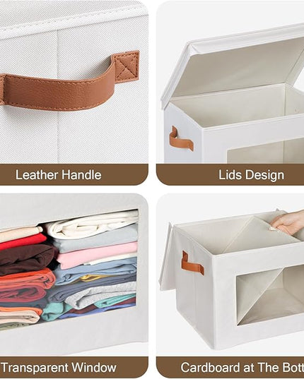 Univivi Storage Boxes with Lids Fabric Foldable Storage Bin for Clothes, [3-Pack] Closet Organizer Containers boxes with Handles for Home, Bedroom, Closet Storage (Beige,17” x 12” x 12")
