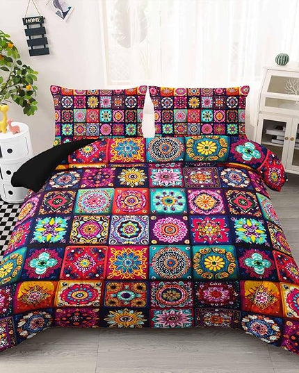 AILONEN Soft Microfiber Full Size Bedding Set,Bohemian Mandala Floral Geometric Comforter with 2 Pillowcases,3-Piece Colorful Flower Duvet Set
