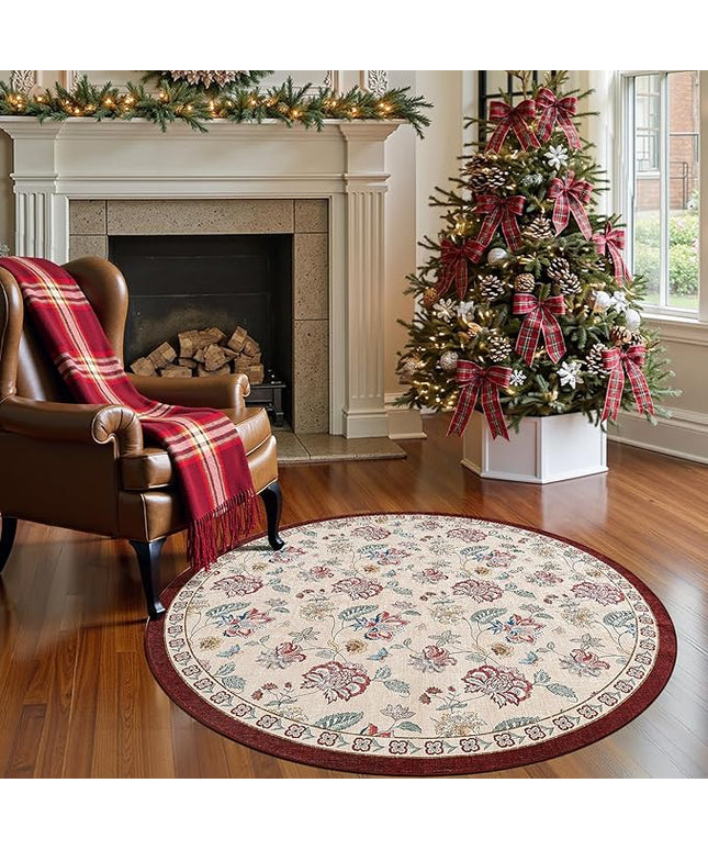 jinchan Elora 4ft Floral Round Rug for Entryway Washable Rug Vintage Romance Christmas Design Non Slip Indoor Doormat Lightweight Low-Profile Throw Carpet for Living Room Dining Room, Red/Beige