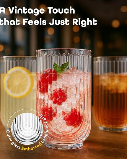 Glaver's Drinking Glasses Set of 8. 17oz Vintage Drinking Cups. Ripple Cocktail Glasses, Ribbed Drinking Highball Glass Cups. Arch Designed Art Deco Glassware for Water Juice Coffee. Package may Vary