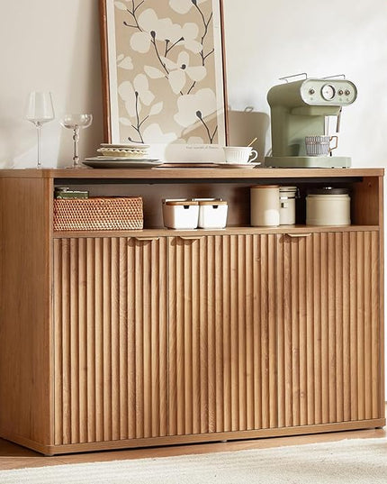 LEYAOYAO Fluted Buffet Cabinet with Storage, 45" Wide Modern Sideboard Credenza with 3 Doors & Open Storage Shelf, Wood Kitchen Console Accent Cabinets, Coffee Bar Table for Dining Room, Tea Brown
