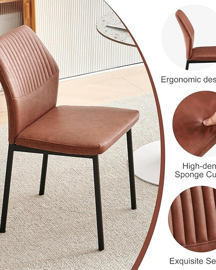 Dining Chairs Set of 2, Brown PU Leather Dining Chairs, Comfortable Upholstered Armless Kitchen Chairs with Black Metal Legs for Living Room, Dining Room, Kitchen