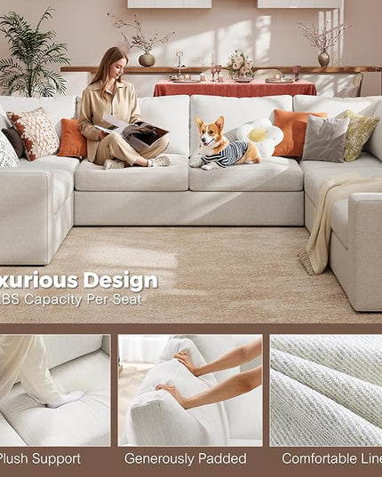 ABCASA U Shaped Sectional Sofa with Detachable Cover, Modular Couch for Living Room, Breathable Linen Fabric Corner Couch with 11 Seats, Ivory