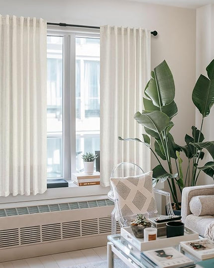 Pitalk Natural Linen Curtains 38 Inch Wide for Door 2 Panel Rod Pocket Back Tab Semi Sheer Neutral Cream Curtains for Small Windows Bathroom Laundry Room Narrow Skinny Drapes Off White 38x63 Length