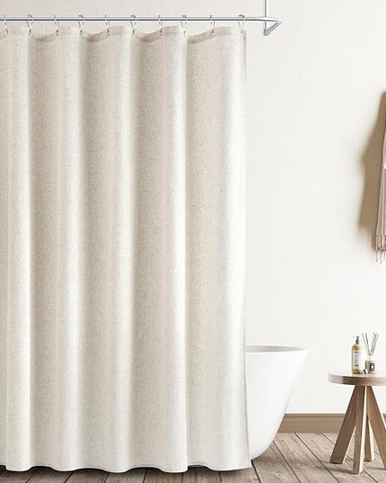 Naturoom Linen Shower Curtain 82 Inch Long Weighted Thick Fabric Bath Shower Curtain Set with Hooks, XLong Tall Country Farmhouse Beige Curtains for Bathroom, 72x82