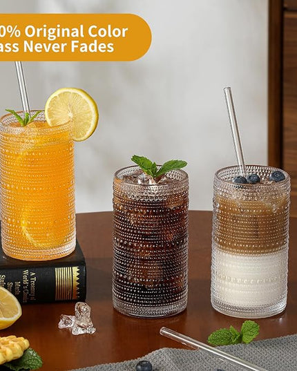 Vintage Hobnail Drinking Glasses Set of 6, 16 oz Large Capacity Embossed Clear Tumblers, Highball Glasses for Water, Cocktail, Beer, Whiskey, Kitchen & Bar Use