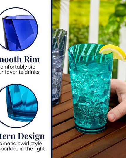 US Acrylic Optix Plastic Reusable Drinking Glasses (Set of 8) 20oz Water Cups in Coastal Colors | BPA-Free Tumblers, Made in USA | Top-Rack Dishwasher Safe