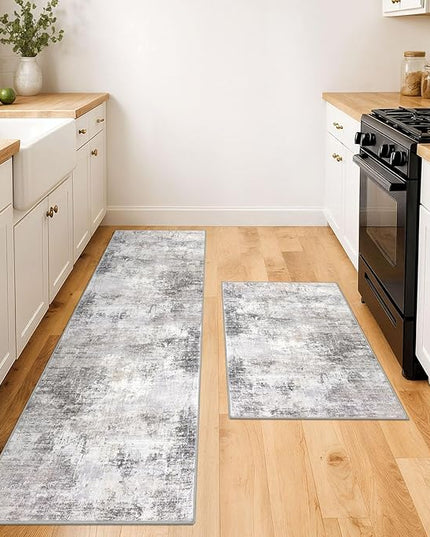 IOHOUZE Abstract Area Rugs and Runners Sets 2x3 and 2x6 Ft, Washable Entryway Rug and Runner Set, Non Slip Kitchen Rug Set, Printed Faux Wool Modern Floor Carpet for Hall Kitchen Entrance, Grey Beige