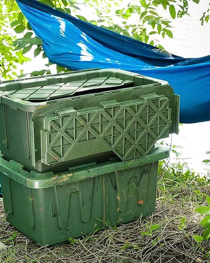 HOMZ 2-Pack Durabilt Tote, Heavy Duty Plastic Storage Bins with Lids, 15 Gallon, Green Camo - Stackable Organizing Containers for Home, Garage, and Office