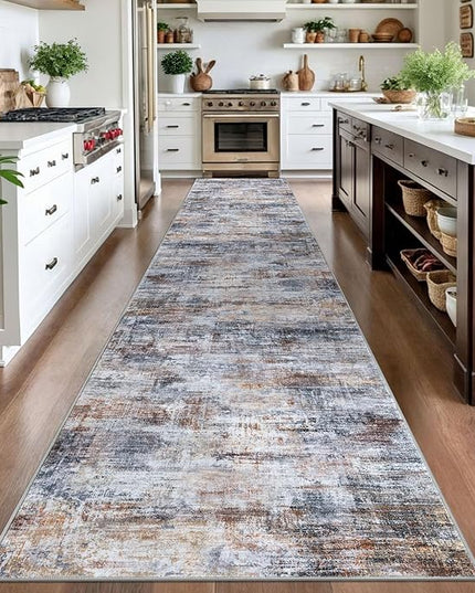 IOHOUZE Abstract Runner Rug 3x16 Ft Washable Runners for Hallways, Non Slip Kitchen Runner Printed Faux Wool Entryway Runner Indoor, Modern Abstract Floor Carpet for Hall Stair, Orange Grey