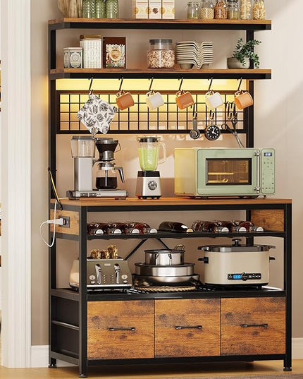 Itaar Bakers Rack with Storage and Power Outlet, 35.4 inch Coffee Bar Cabinet, Microwave Stand Kitchen Cabinet with Hutch, LED Lights, Wine Rack and Hooks, Rustic Brown Rustic Brown