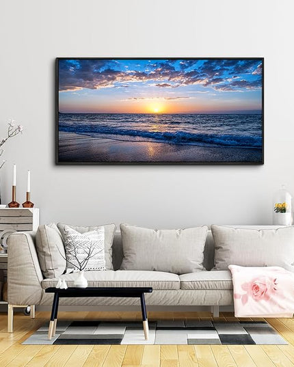 Blue Ocean Framed Wall Decor Living Room Large Size Canvas Wall Art For Bedroom Boho Home Decor Sea Beach Canvas Pictures Artwork Sunny Sea View Painting Office Wall Decorations Black Framed 24" X 48"
