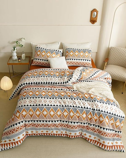 Houseri Orange Boho Comforter Set Queen Rust Aztec Bedding Sets Queen Size Yellow Geometric Bohemian Striped Christmas Warm Soft Cozy Comfy Bed Quilts Blankets Queen