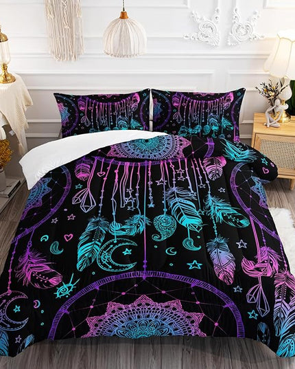AILONEN Dreamcatcher Comforter Set Twin Size, Purple Feather Print Duvet Set,Bohemian Mandala Bedding Set for Boys Girls,Galaxy Dream Catcher Duvet Set 3 Pieces, 1 Quilt and 2 Pillowcases