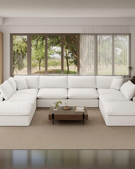 246.7" Oversized Cloud Modular Sectional Sofa,8 Seat Down Filled Sofa,Comfy Deep Seat Couch with Reversible Chaise & Cushions,Couch Cover Washable and Replaceable,White
