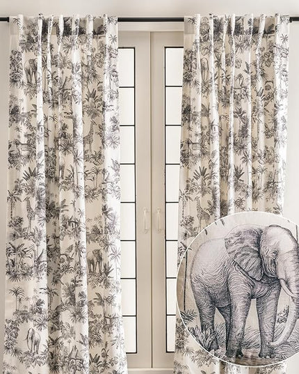Maison d' Hermine Curtains for living room 100% Cotton 124 inch length Two Panels Light Filtering Toile Curtains for Bedroom Windows with rod and loop Pockets Drapes (Savana Jouy Black, 50"W x 124"L)