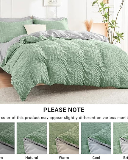 HYMOKEGE Sage Green/Light Grey Twin Comforter Set Seersucker 5 Pieces, All Season Luxury Bed in a Bag for Bedroom, Bedding Set with Comforter, Sheets, Pillowcase & Sham